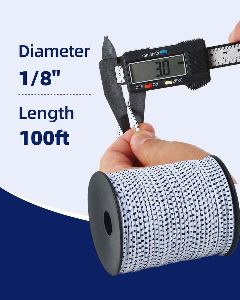 Radix Rope حبل بونجي - 1/8 بوصة × 100 قدم - حبل صدمة مرن، حبل قابل للتمدد للكاياك، الحرف اليدوية، الربط، مشاريع DIY - حبل بونجي مرن وعالي القوة (أبيض مع خط أسود) - Image 3